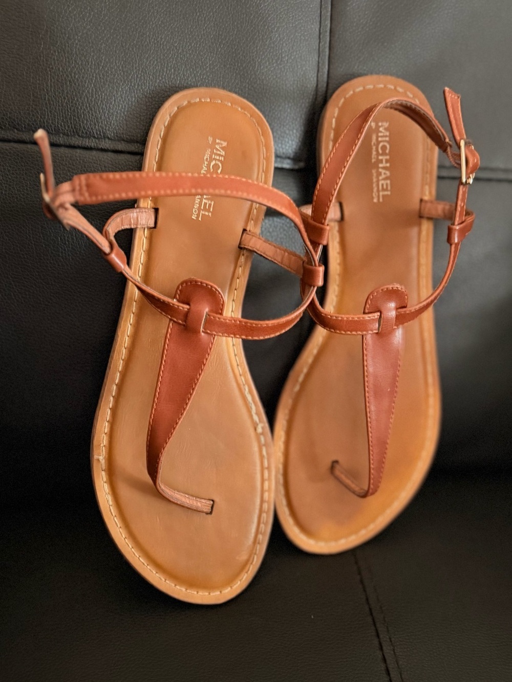 MICHAEL SHANNON Women’s Brown Leather T-Strap Sandals SIZE 11